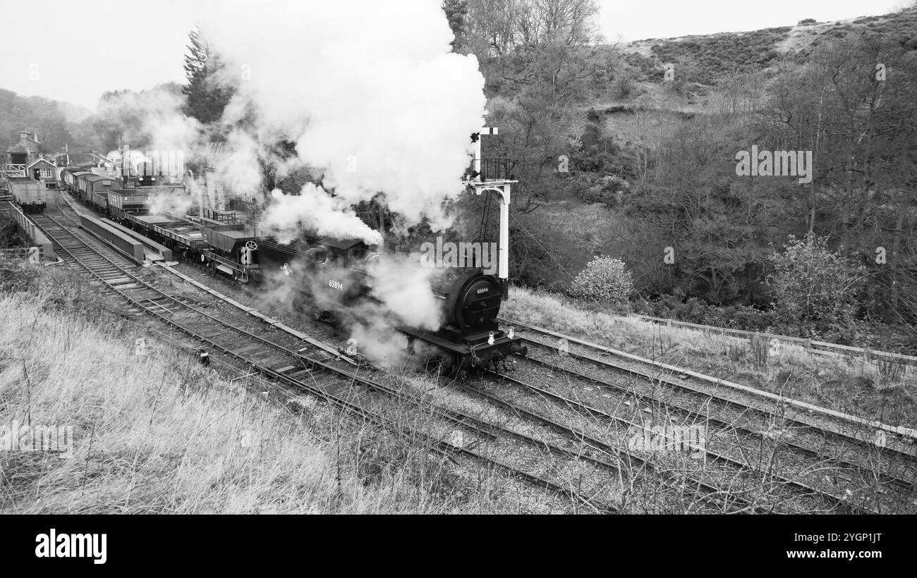 Bianco e nero, monocromatico, North Yorkshire Moors Railway, NYMR, Moorlander, P3 65894 che si getta alla stazione di Goathland. Foto Stock