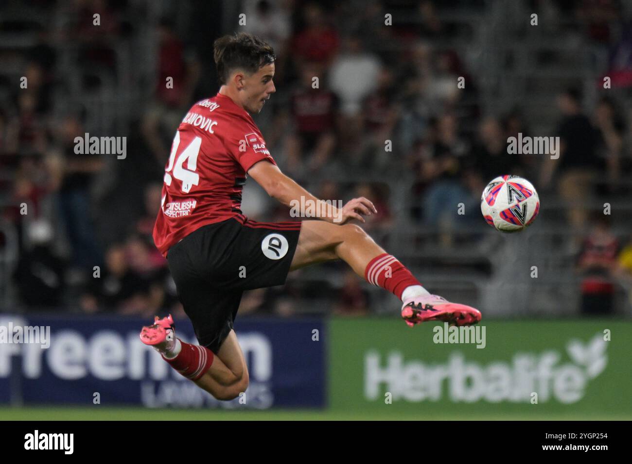 Parramatta, Australia. 8 novembre 2024. Nicolas Milanovic dei Western Sydney Wanderers in azione durante il quarto turno di Isuzu UTE A-League 2024-25 tra Western Sydney Wanderers FC e Newcastle Jets FC al CommBank Stadium di Parramatta. Punteggio finale; Western Sydney Wanderers 4:1 Newcastle Jets. Credito: SOPA Images Limited/Alamy Live News Foto Stock