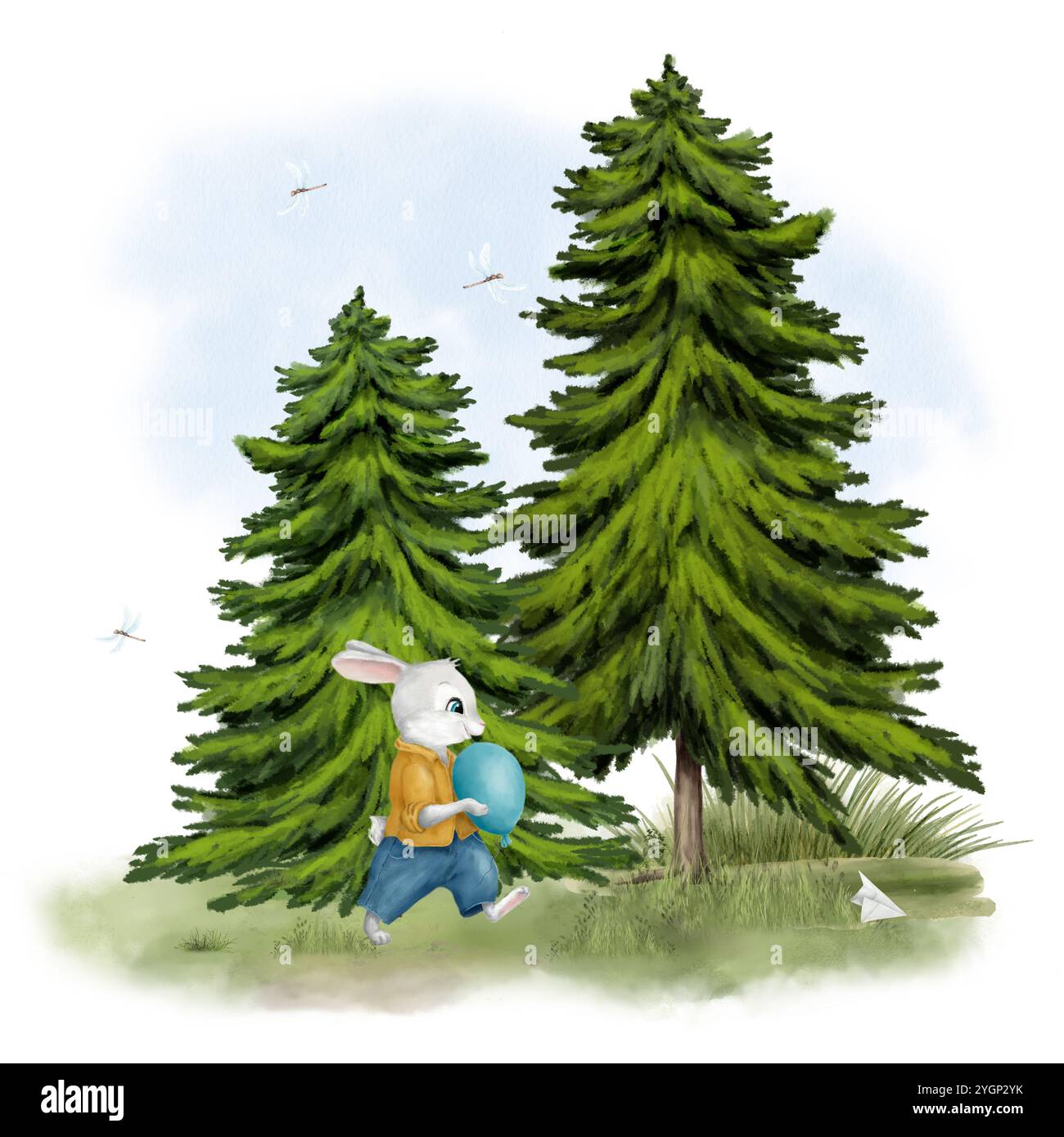 Bunny con una mongolfiera attraversa una foresta di conifere. Illustrazione digitale acquerello. Le libellule volano nel cielo, soffice abete, isolato su un wh Foto Stock