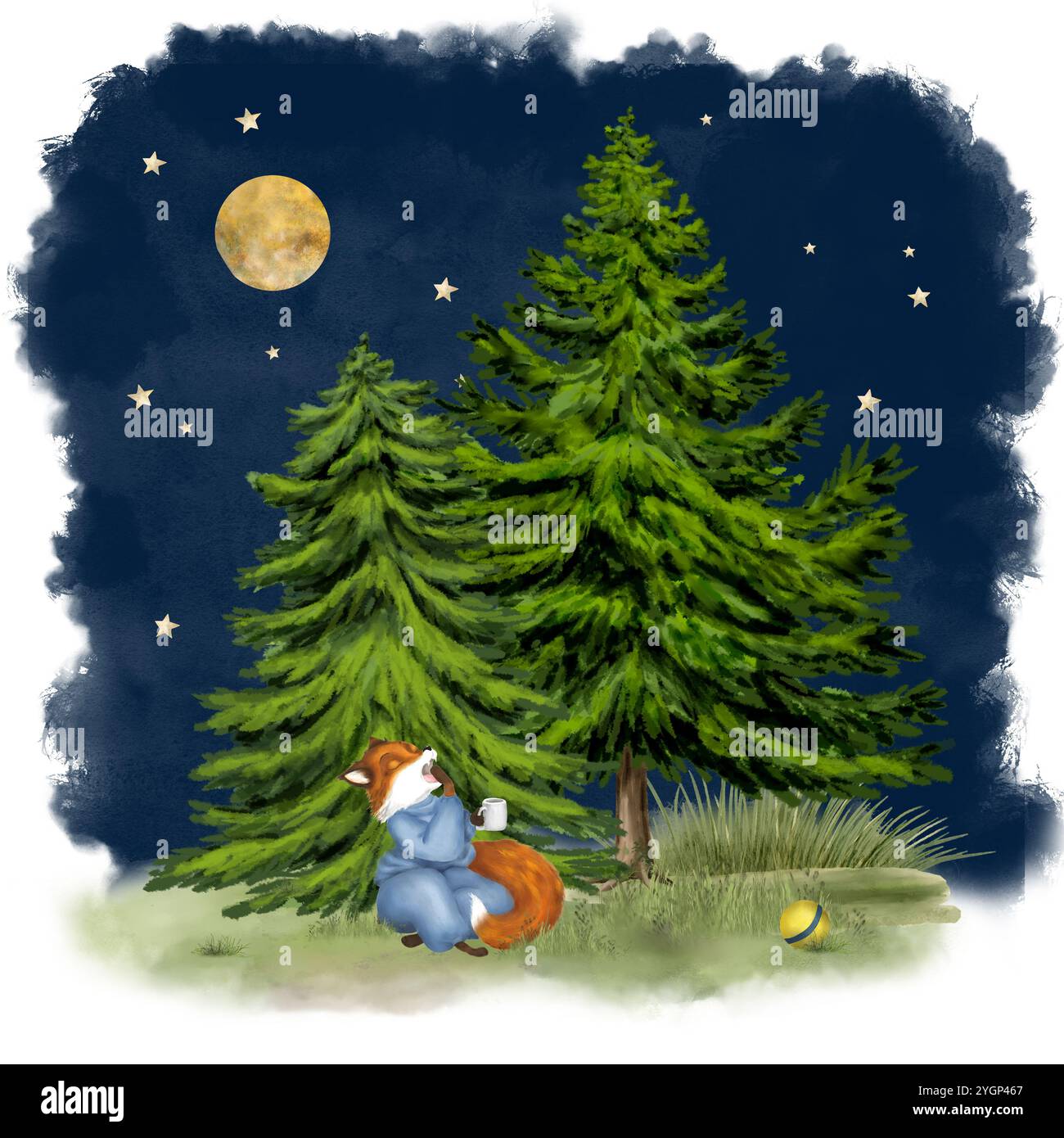 Piccola volpe in pigiama blu nella foresta notturna. Illustrazione digitale acquerello. Tazza bianca nelle zampe di volpe, abeti nel prato isolato sullo sfondo Foto Stock