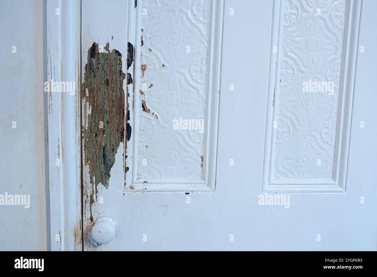 Danni da graffi a una vecchia porta interna causati da un cane di grandi dimensioni. Foto Stock