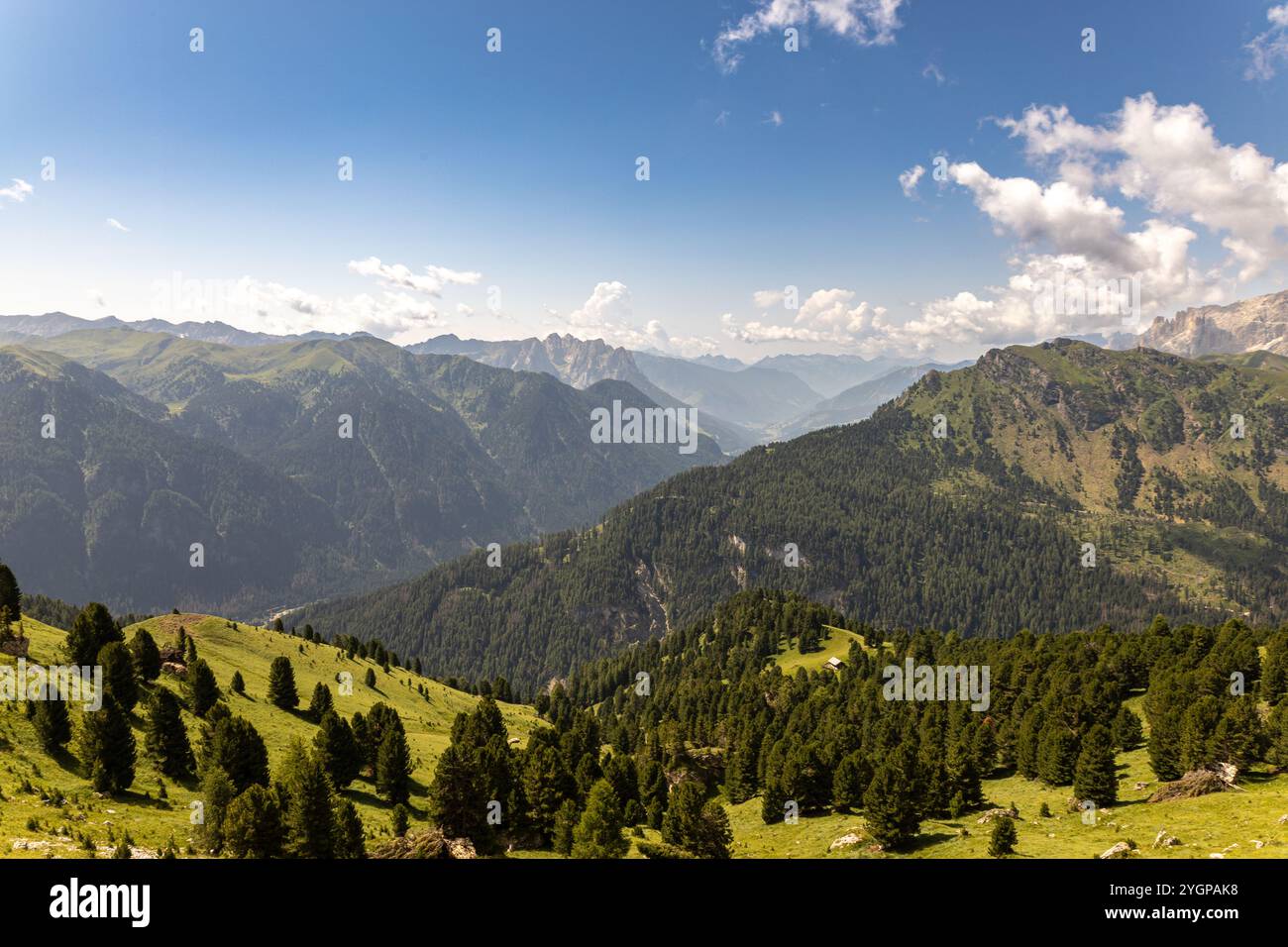 Splendide Dolomiti: Cime torreggianti, rocce senza tempo e natura incontaminata sotto un cielo alpino radioso. Foto Stock