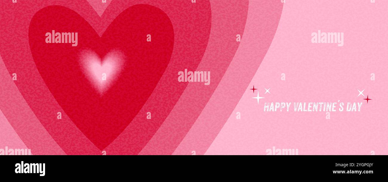 Striscione di San Valentino o biglietto d'auguri con un cuore che sembra crescere o battere nei colori rosso e rosa su uno sfondo rosa con una texture sgranata. Happ Illustrazione Vettoriale