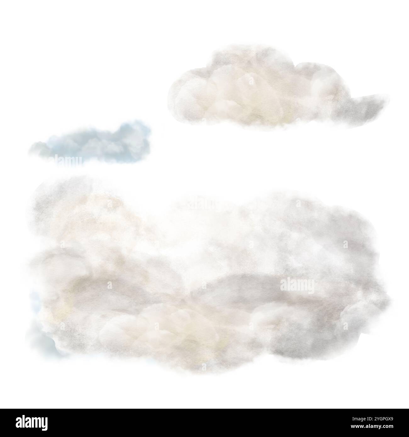 Nuvole, una serie di illustrazioni ad acquerello in toni blu, grigio e giallo. Elementi di una stanza dei bambini in tonalità pastello, il set nuvole è stato progettato per Foto Stock