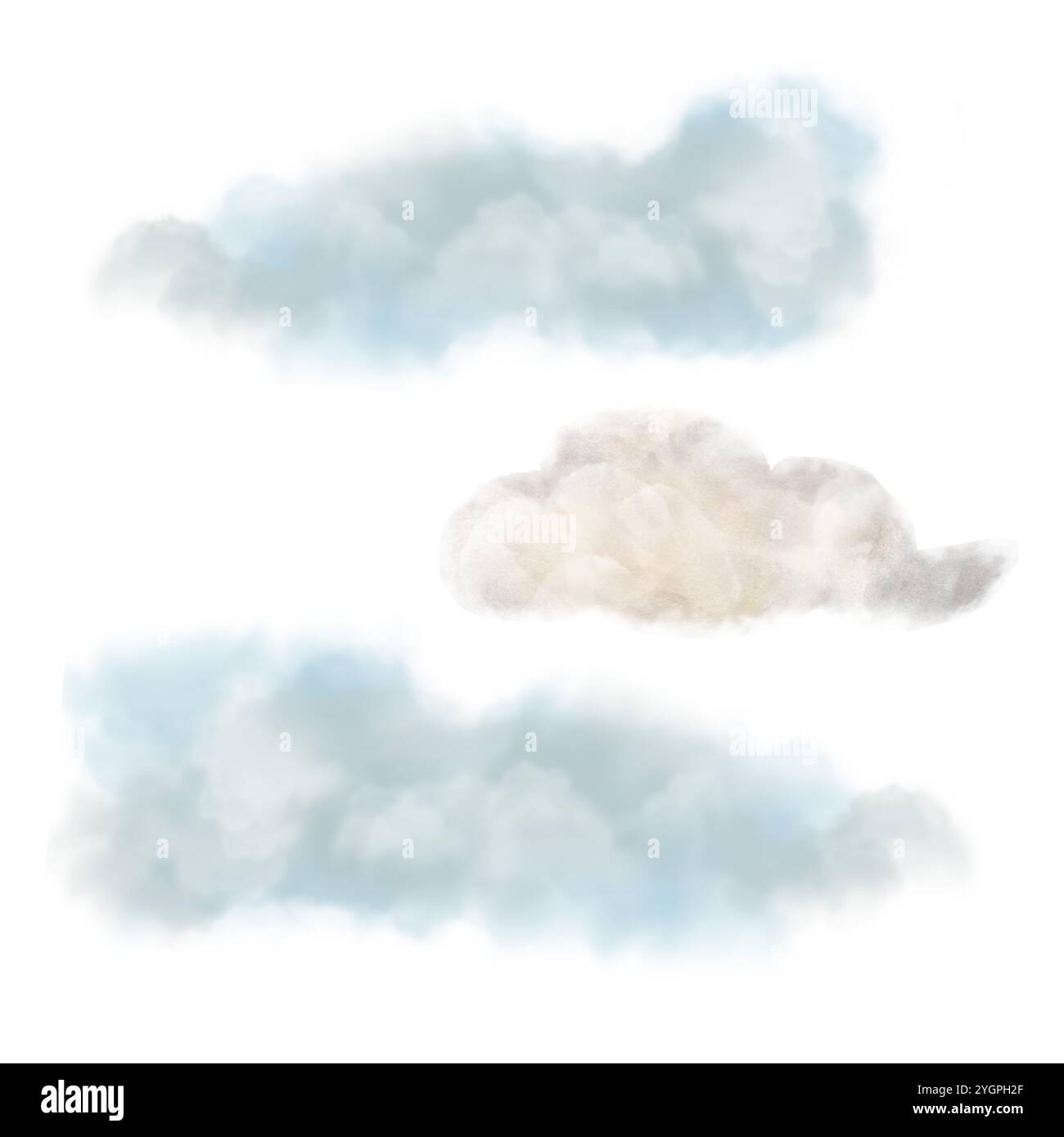 Nuvole, una serie di illustrazioni ad acquerello in toni blu, grigio e giallo. Elementi di una stanza dei bambini in tonalità pastello, il set nuvole è stato progettato per Foto Stock