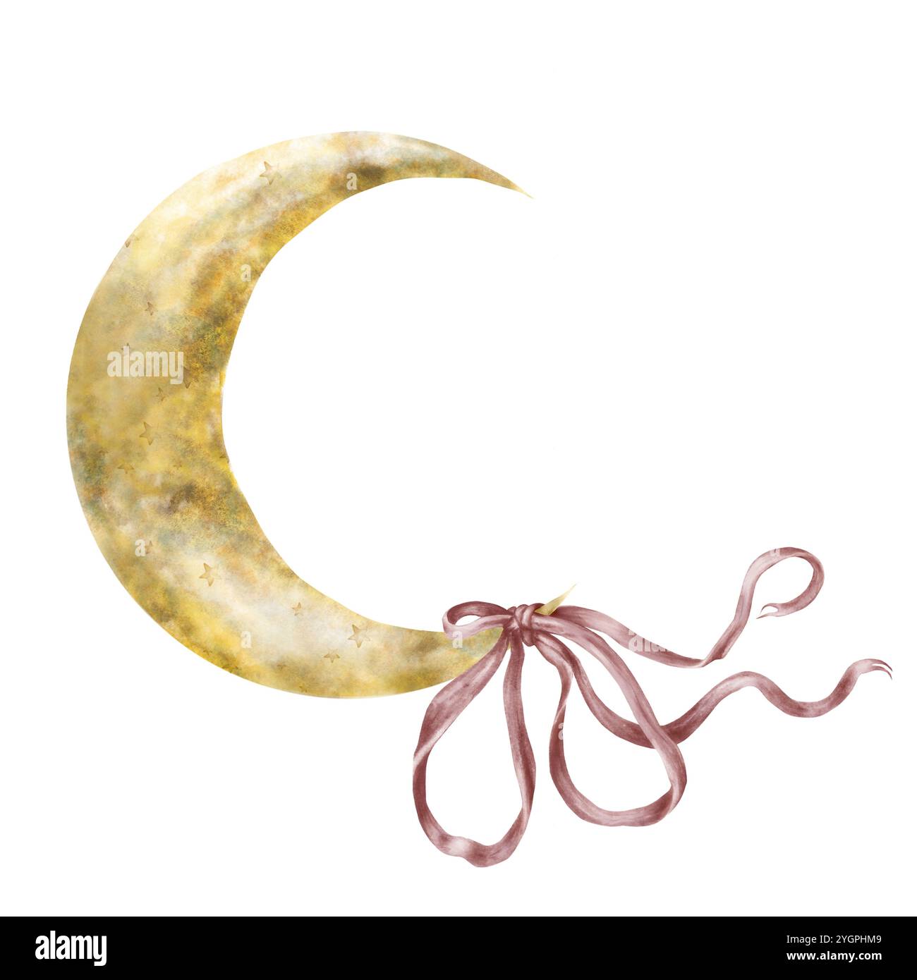 Luna mezzaluna con un bel fiocco. Illustrazione acquerello isolata su sfondo bianco. Fiocco carino, nastro rosso. Elementi della stanza dei bambini. Digitale Foto Stock