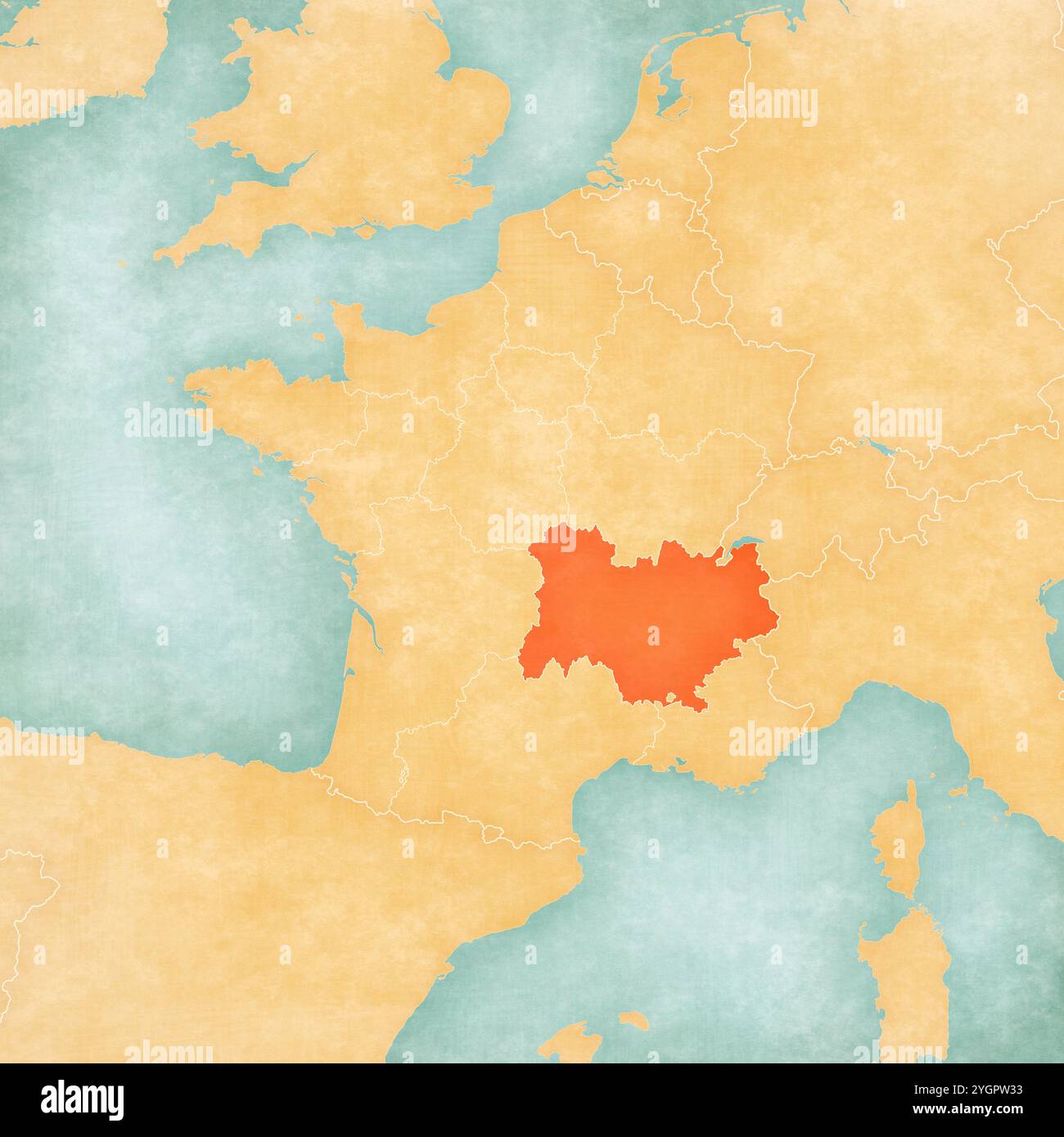 Alvernia-Rodano-Alpes sulla mappa della Francia in morbido grunge e stile vintage, come carta vecchia con pittura ad acquerello. Foto Stock