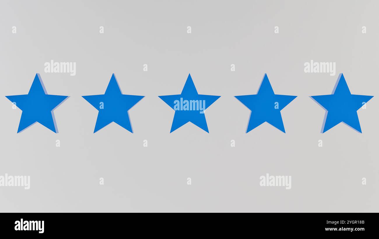 Cinque stelle blu su sfondo bianco. Perfetto per loghi, icone ed elementi di design grafico relativi a recensioni, valutazioni e qualità. Foto Stock