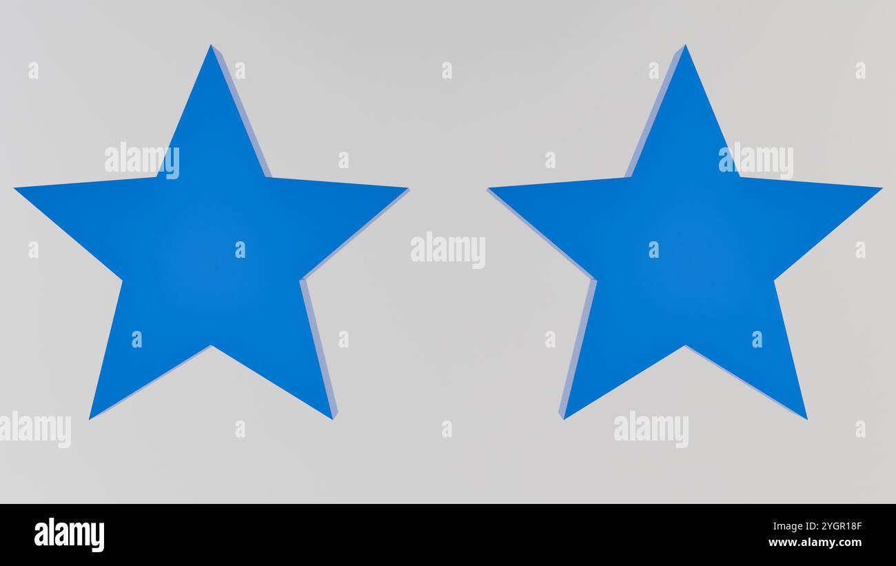 Due stelle blu 3D su sfondo bianco. Design semplice e minimalista, perfetto per loghi, icone ed elementi grafici. Foto Stock