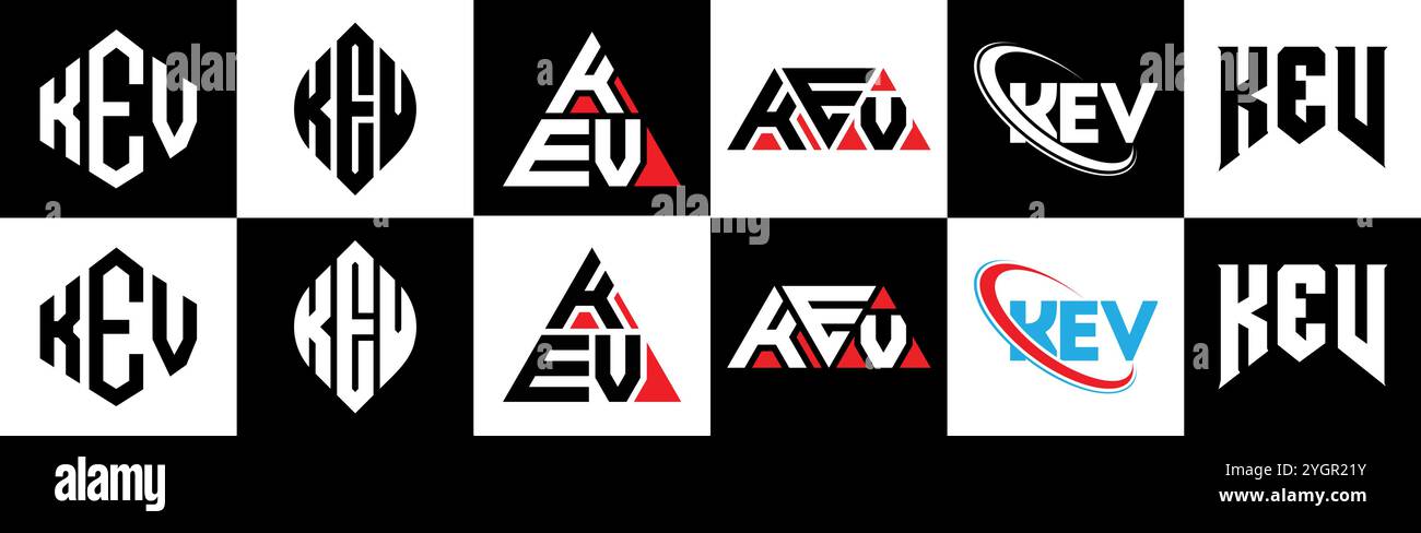 Logo KEV Letter in sei stili. Poligono, cerchio, triangolo, esagono, piatto e semplice KEV con logo lettera di variazione colore bianco e nero Illustrazione Vettoriale