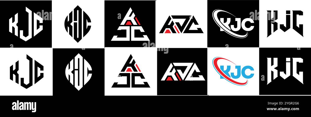 Logo KJC Letter in sei stili. Poligono KJC, cerchio, triangolo, esagono, piatto e semplice con logo lettera variazione colore bianco e nero Illustrazione Vettoriale
