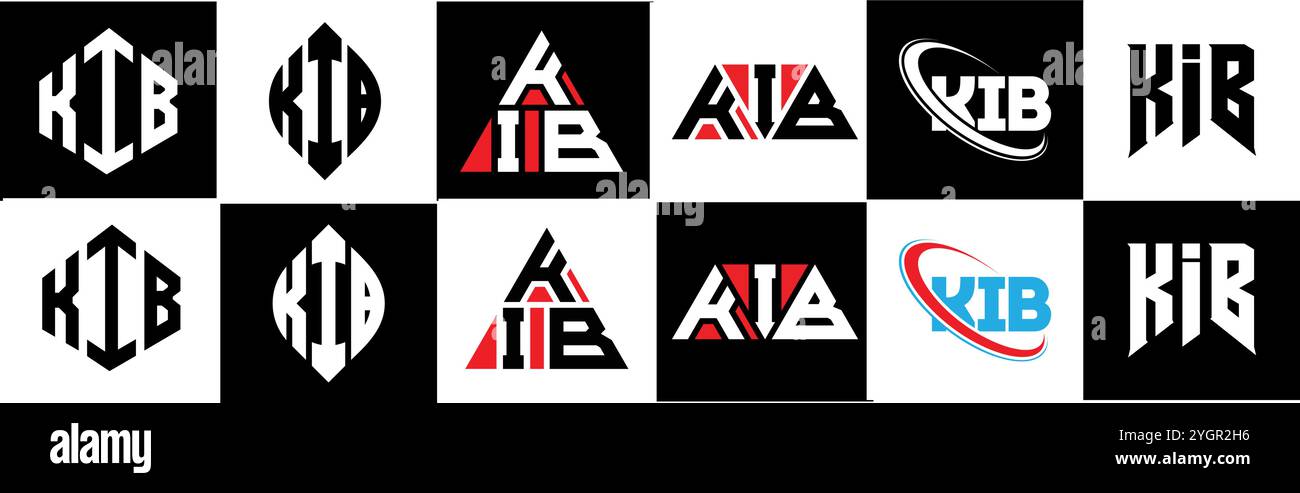 Logo KIB Letter in sei stili. Poligono KIB, cerchio, triangolo, esagono, piatto e semplice con logo lettera variazione colore bianco e nero Illustrazione Vettoriale