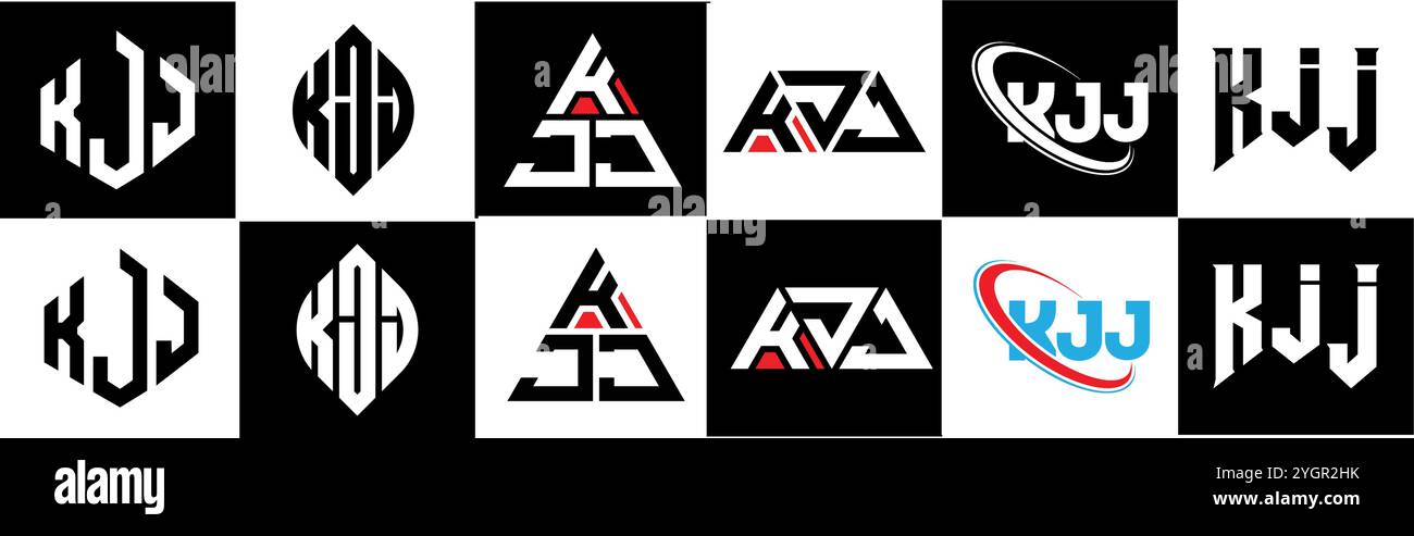 Design con logo KJJ Letter in sei stili. Poligono KJJ, cerchio, triangolo, esagono, piatto e semplice con logo lettera variazione colore bianco e nero Illustrazione Vettoriale