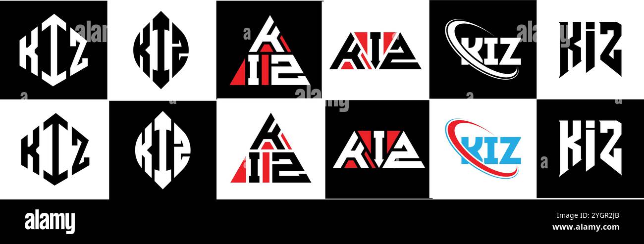 Logo KIZ Letter in sei stili. Poligono KIZ, cerchio, triangolo, esagono, piatto e semplice con logo lettera variazione colore bianco e nero Illustrazione Vettoriale