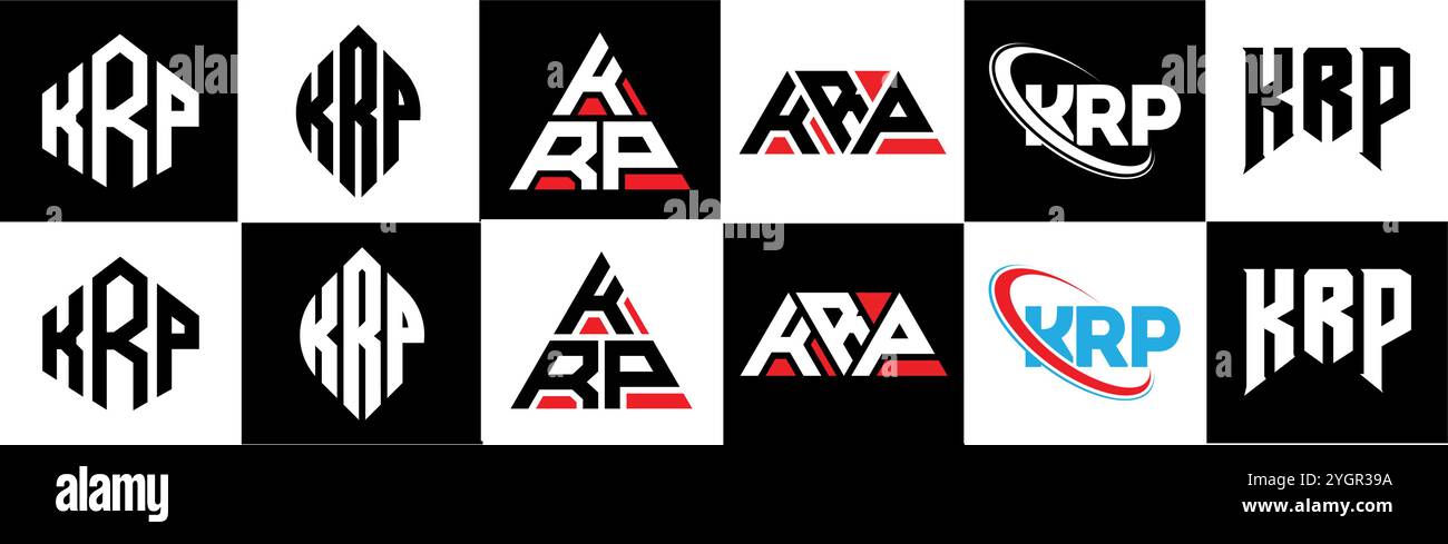 Logo KRP Letter in sei stili. Poligono KRP, cerchio, triangolo, esagono, piatto e semplice con logo lettera variazione colore bianco e nero Illustrazione Vettoriale