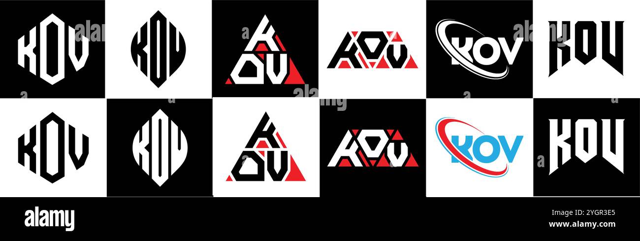 Design con logo KOV Letter in sei stili. Poligono KOV, cerchio, triangolo, esagono, piatto e semplice con logo lettera variazione colore bianco e nero Illustrazione Vettoriale