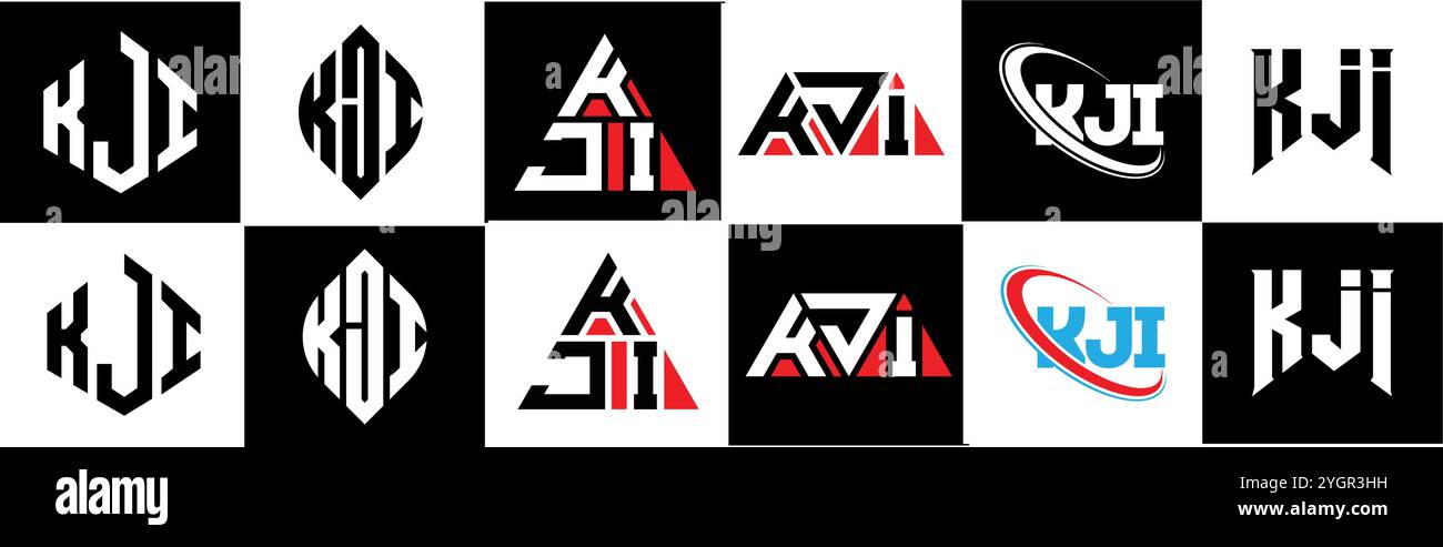 Logo KJI Letter design in sei stili. Poligono KJI, cerchio, triangolo, esagono, piatto e semplice con logo lettera variazione colore bianco e nero Illustrazione Vettoriale