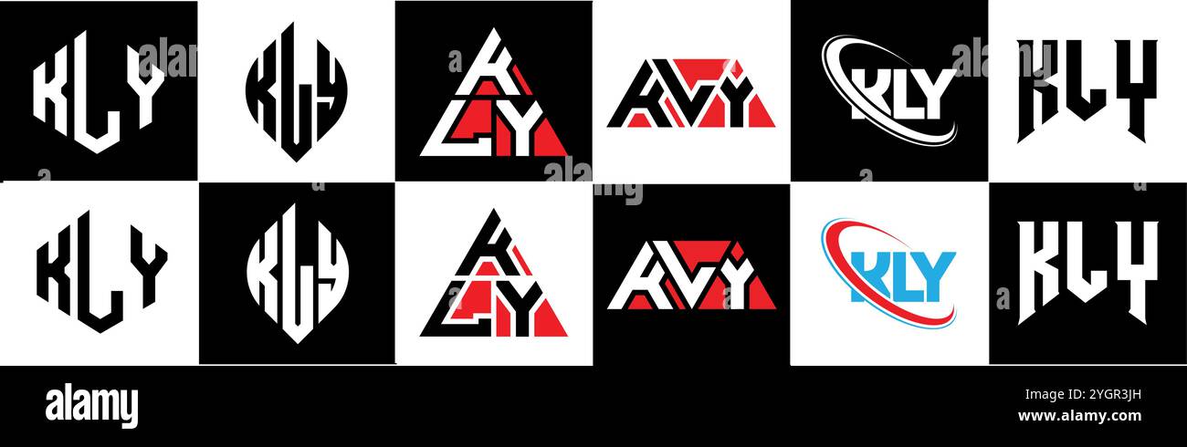Logo KLY Letter in sei stili. Poligono KLY, cerchio, triangolo, esagono, piatto e semplice con logo lettera variazione colore bianco e nero Illustrazione Vettoriale