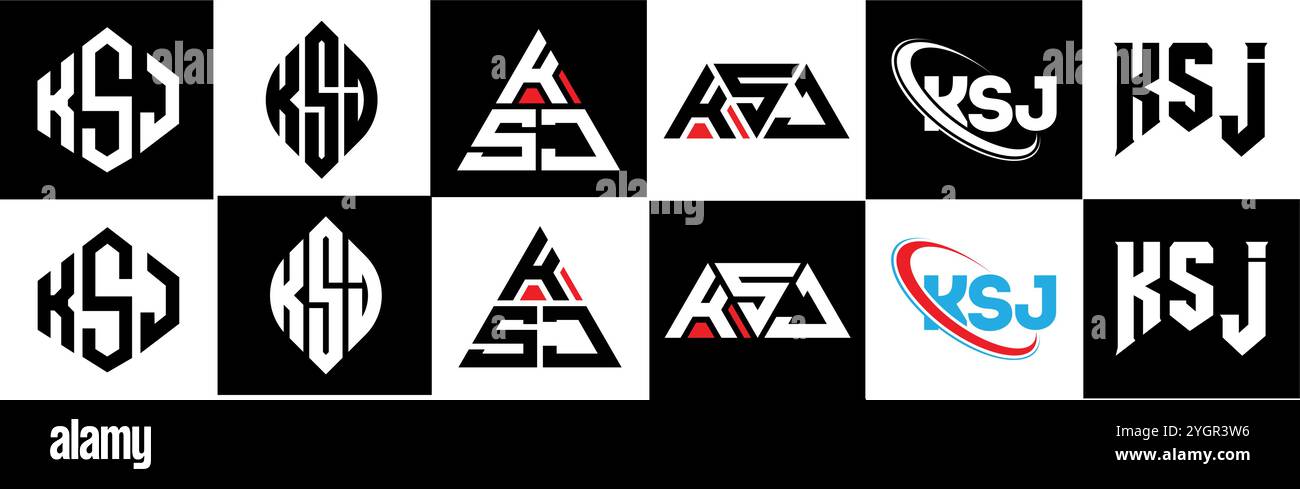 Logo KSJ Letter in sei stili. Poligono KSJ, cerchio, triangolo, esagono, piatto e semplice con logo lettera variazione colore bianco e nero Illustrazione Vettoriale
