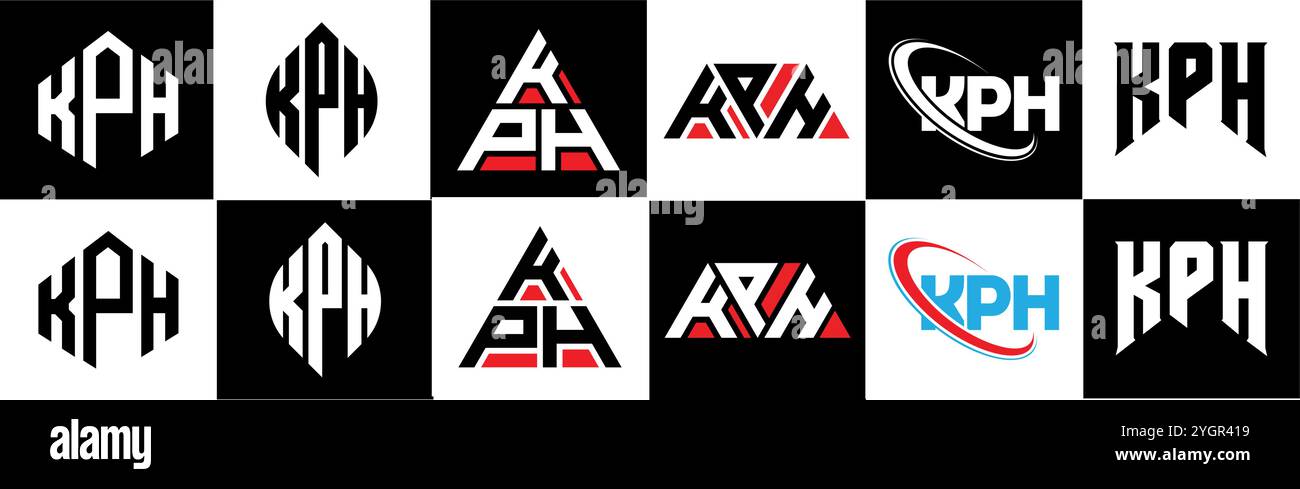 Logo KPH Letter in sei stili. Poligono KPH, cerchio, triangolo, esagono, stile semplice e piatto con logo lettera variazione colore bianco e nero Illustrazione Vettoriale