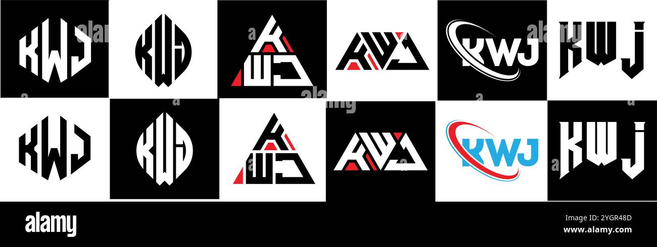 Design con logo KWJ Letter in sei stili. Poligono KWJ, cerchio, triangolo, esagono, piatto e semplice con logo lettera variazione colore bianco e nero Illustrazione Vettoriale