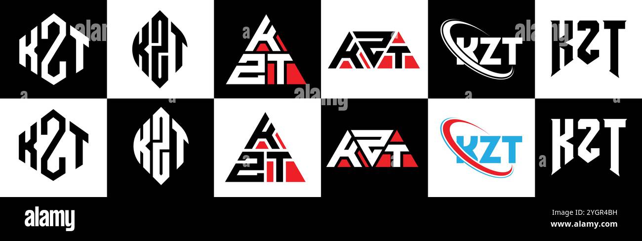 Logo KZT Letter in sei stili. Poligono, cerchio, triangolo, esagono, piatto e semplice KZT con logo lettera di variazione colore bianco e nero Illustrazione Vettoriale