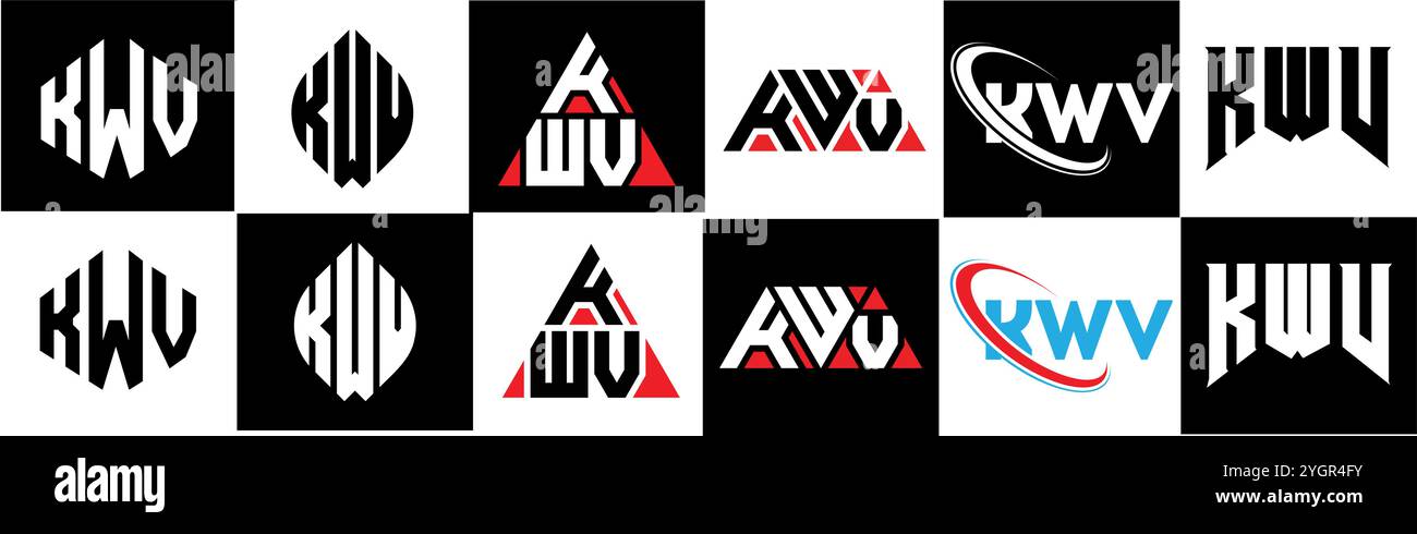 Logo con lettera KWV in sei stili. Poligono KWV, cerchio, triangolo, esagono, piatto e semplice con logo lettera variazione colore bianco e nero Illustrazione Vettoriale