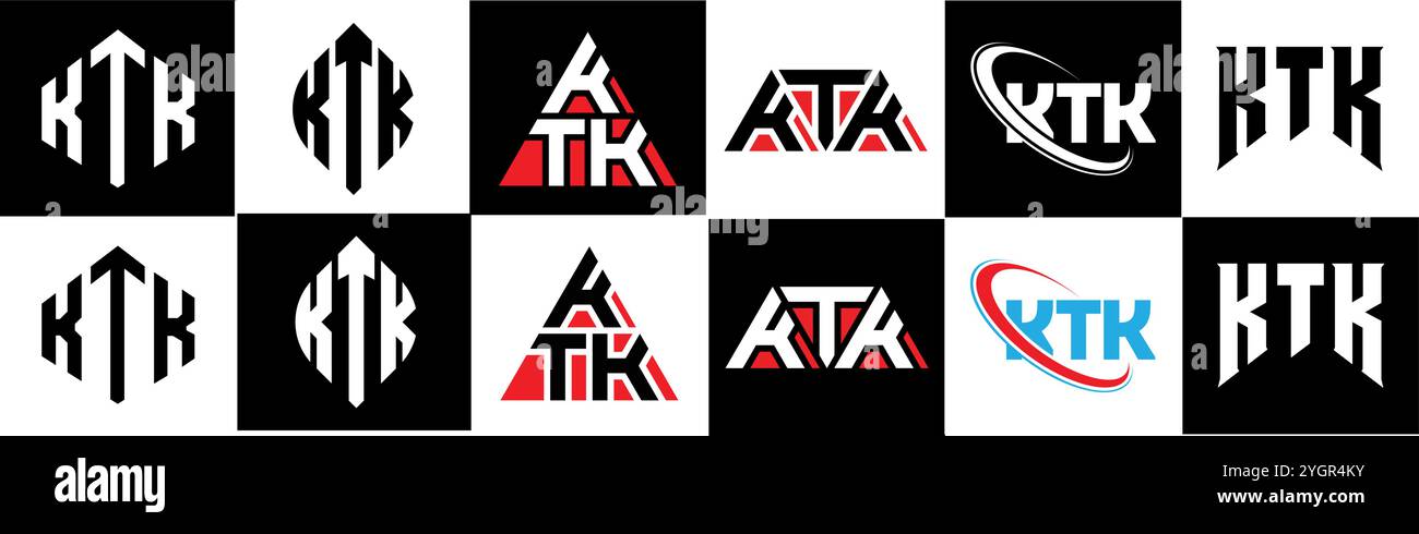 Logo KTK Letter in sei stili. Poligono KTK, cerchio, triangolo, esagono, piatto e semplice con logo lettera variazione colore bianco e nero Illustrazione Vettoriale