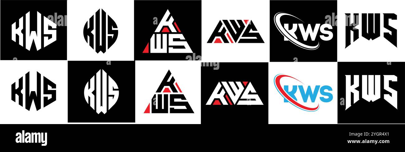 Design con logo KWS Letter in sei stili. Poligono, cerchio, triangolo, esagono, piatto e semplice KWS con logo lettera variazione colore bianco e nero Illustrazione Vettoriale