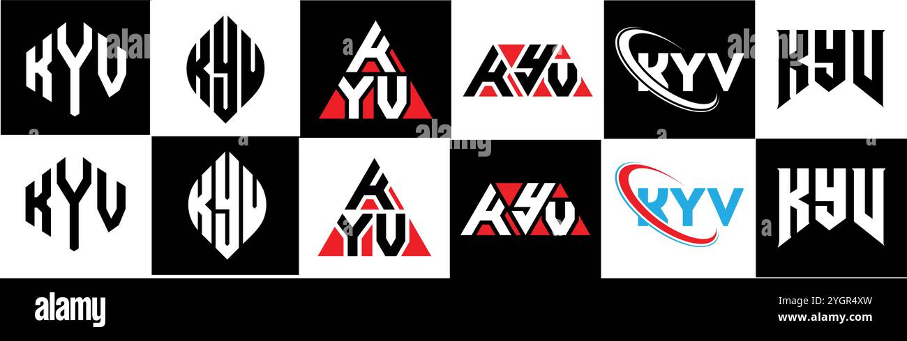 Logo KYV Letter in sei stili. Poligono KYV, cerchio, triangolo, esagono, piatto e semplice con logo lettera variazione colore bianco e nero Illustrazione Vettoriale