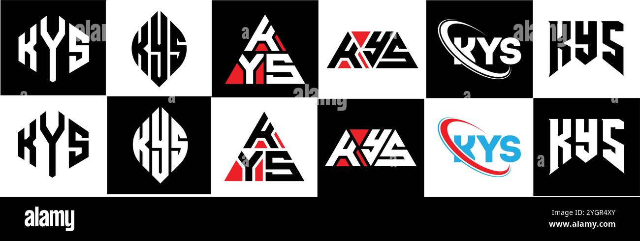 Logo KYS Letter in sei stili. Poligono KYS, cerchio, triangolo, esagono, piatto e semplice con logo lettera variazione colore bianco e nero Illustrazione Vettoriale