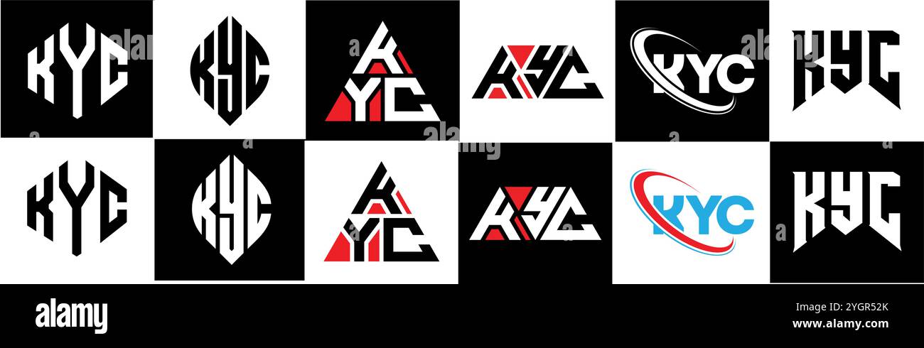 Logo KYC Letter in sei stili. Poligono KYC, cerchio, triangolo, esagono, piatto e semplice con logo lettera variazione colore bianco e nero Illustrazione Vettoriale