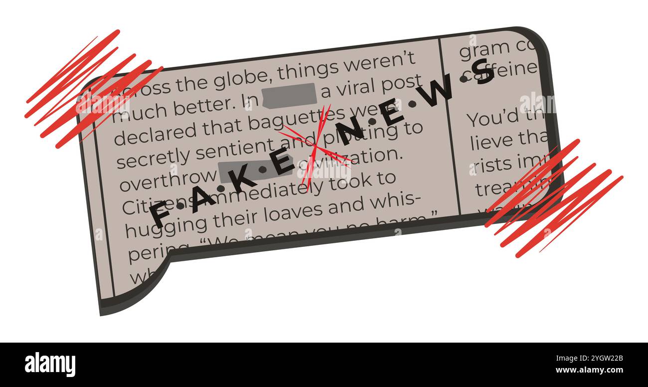 Message, un pezzo di giornale, simbolo y2k alla moda, segno psichedelico della pop art mezzitoni, adesivo retrò di notizie false con vecchio effetto carta, grunge illu anni '90 Illustrazione Vettoriale