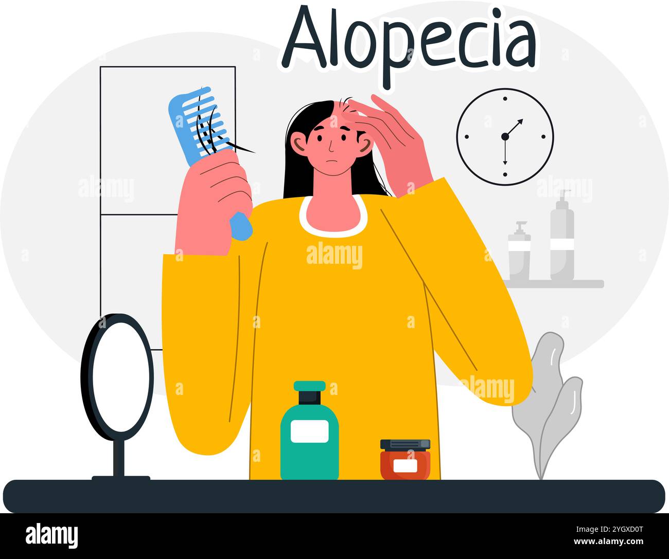 Illustrazione vettore alopecia con perdita di capelli a causa di malattie autoimmuni e calvizie in un tema sanitario con sfondo di cartone animato in stile piatto Illustrazione Vettoriale