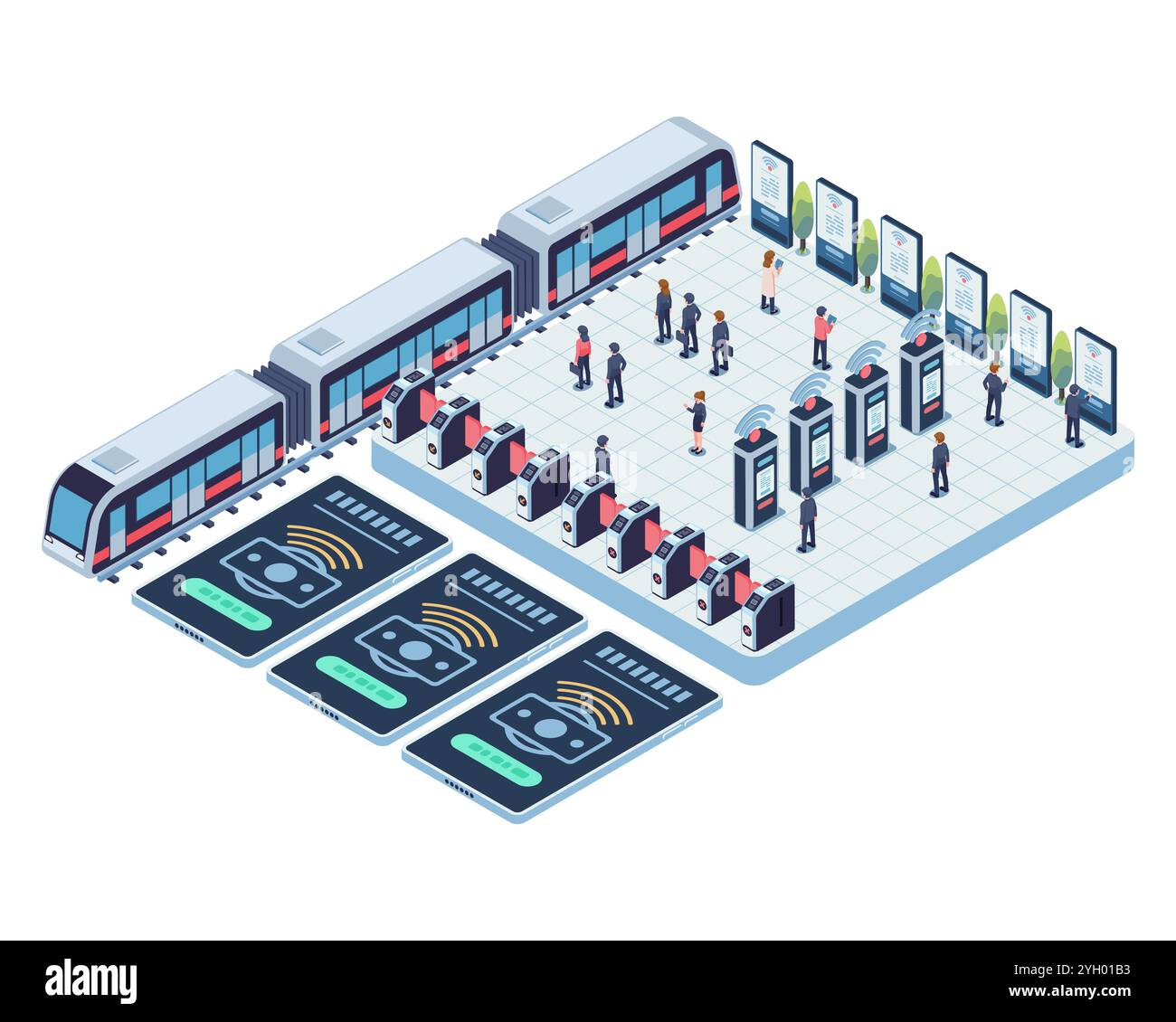 Stazione della metropolitana isometrica con pendolari che utilizzano sistemi automatizzati di raccolta dei prezzi. Concetto di raccolta automatica delle tariffe Illustrazione Vettoriale
