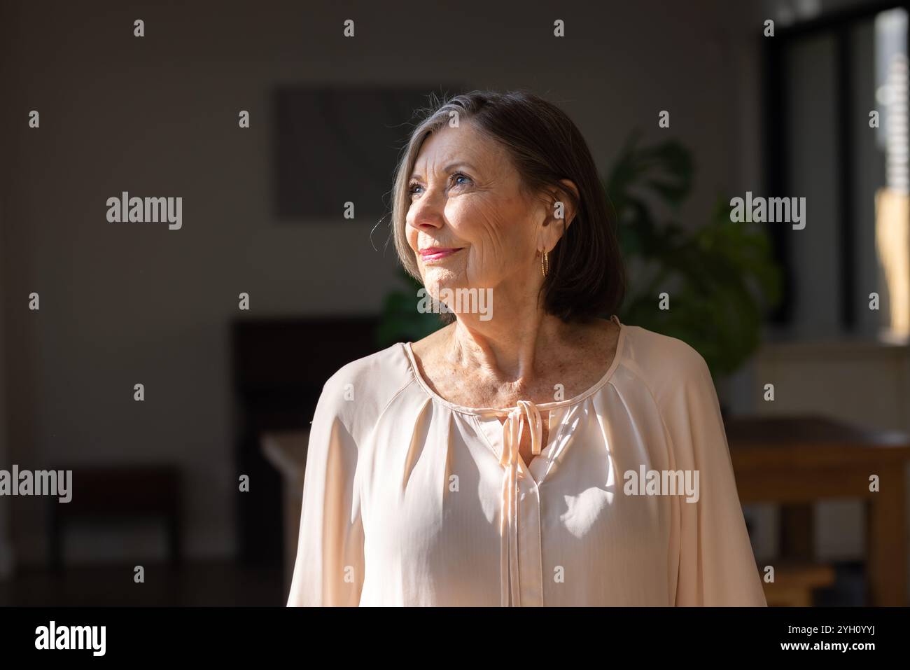 Donna anziana che sorride calorosamente a casa, si gode un momento di vacanza tranquillo, copia spazio Foto Stock