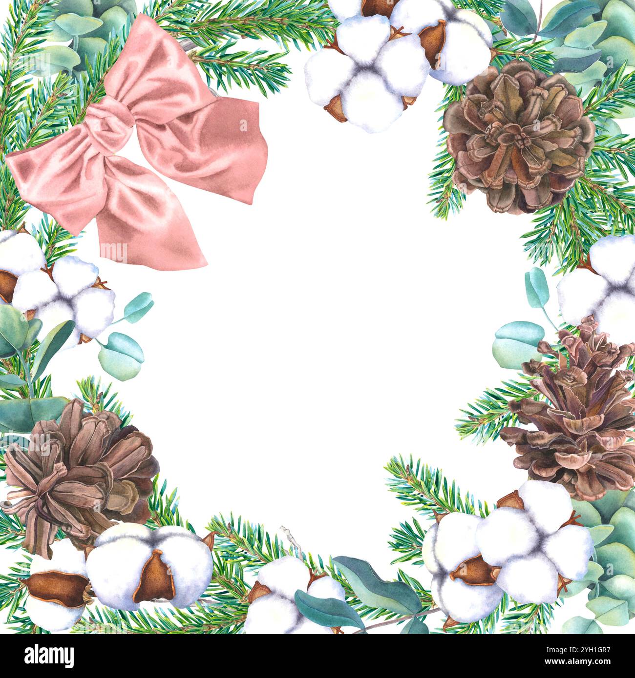 Cornice quadrata di Capodanno con coni di pino, rami di conifere, eucalipto, bolli di cotone e fiocco a nastro rosa. Illustrazione ad acquerello disegnata a mano su iso Foto Stock