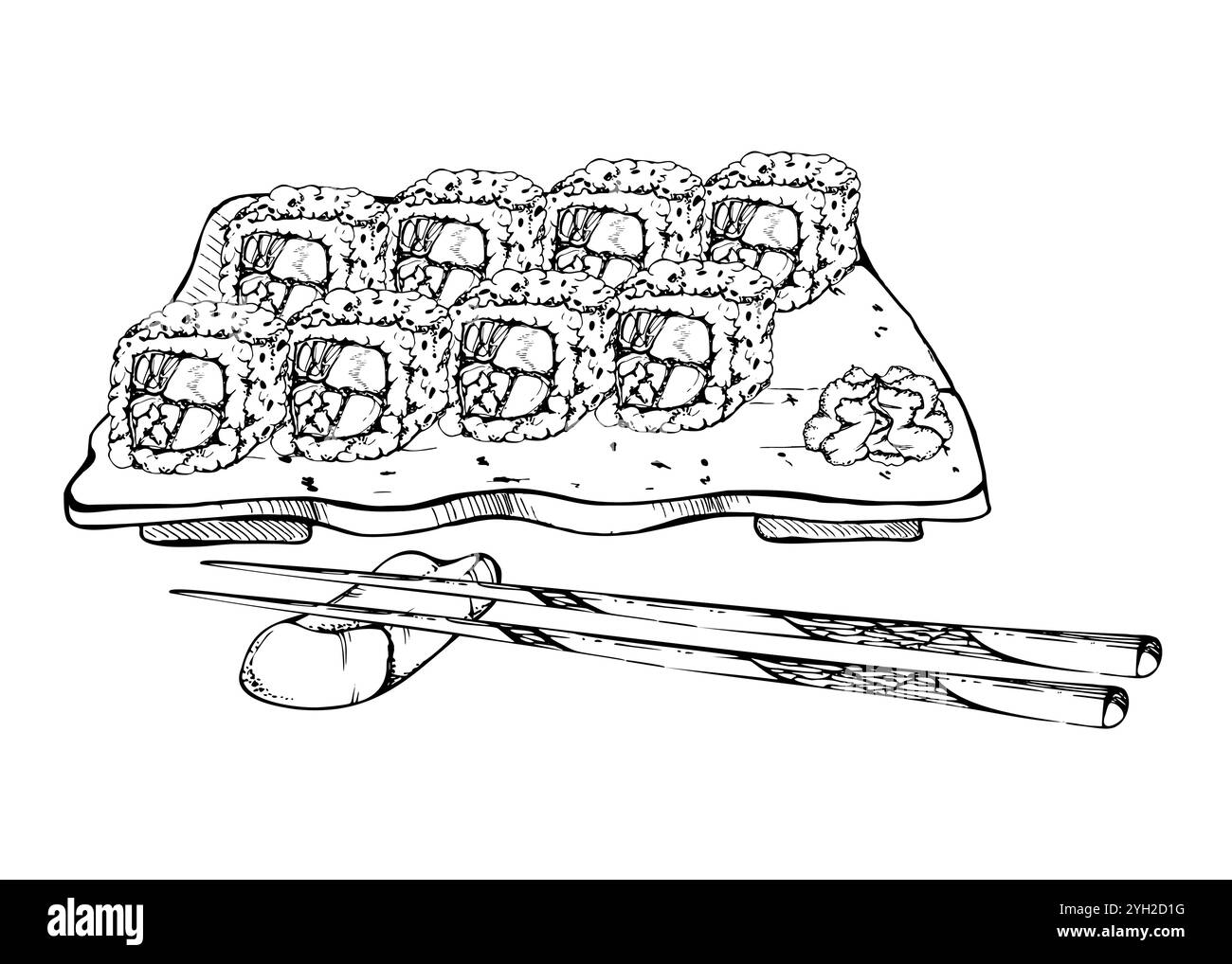 Sushi roll di cibo giapponese su piatto di ceramica, bacchette, pesce crudo california philadelphia, salmone avocado tonno sesamo, disegnato a mano in penna vettoriale, inchiostro Illustrazione Vettoriale