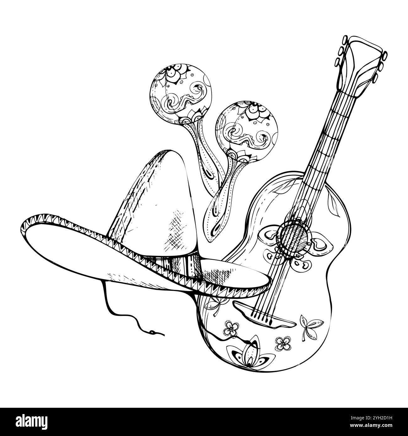 Simboli messicani cappello sombrero, chitarra maracas strumenti musicali mariachi, decorazioni floreali. Illustrazione isolata del vettore di inchiostro disegnata a mano Illustrazione Vettoriale