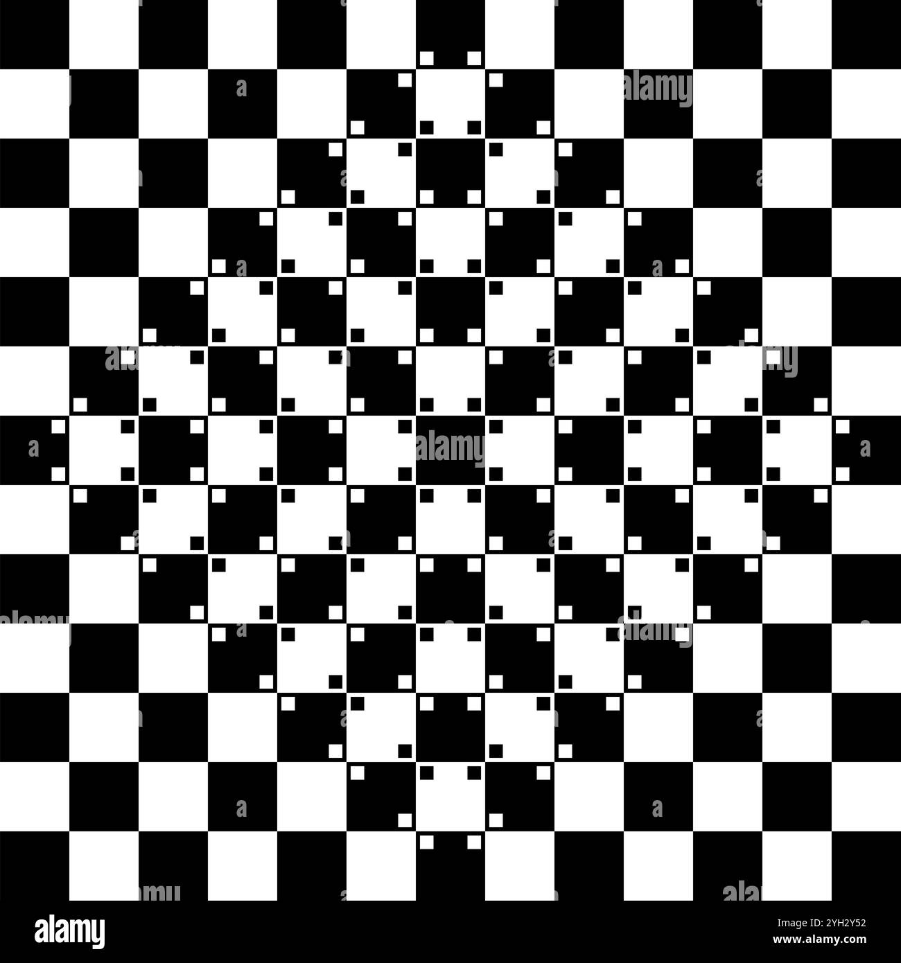 Un'illusione geometrica-ottica a scacchiera rigonfiante. La scacchiera è completamente regolare ed è composta da quadrati bianchi e neri con linee laterali dritte. Foto Stock