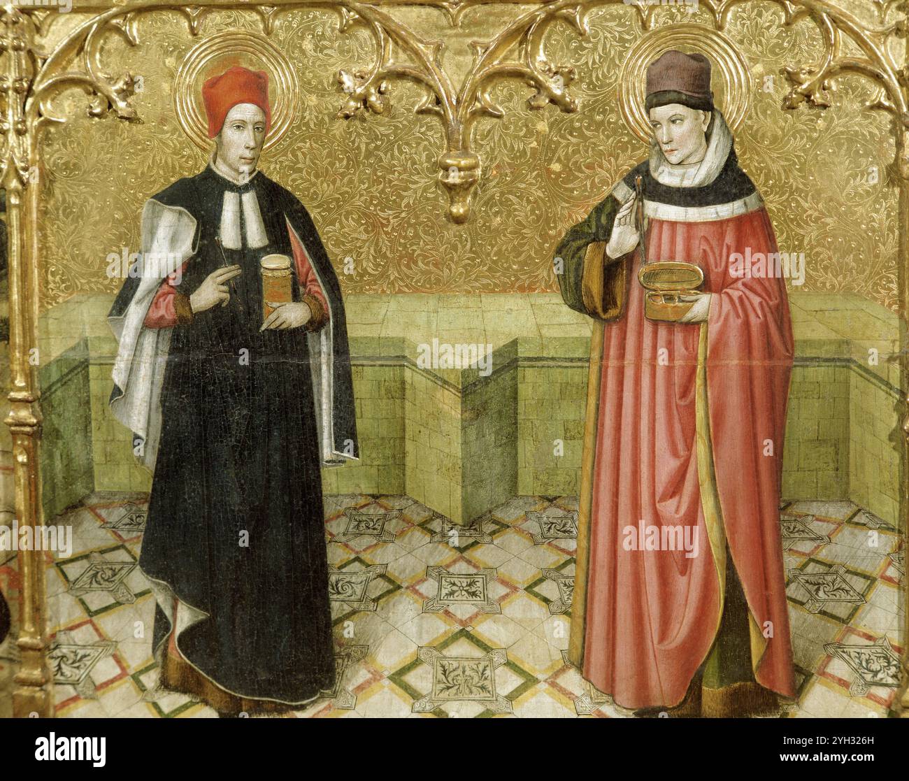 Jaume Huguet (ca. 1412-1492). Pittore spagnolo. Pala d'altare dei santi Abdon e Sennen, 1458. Pannello centrale della predella, con raffigurazione dei Santi Cosma e Damiano che reggono scatole di medicinali. Olio a bordo. Museo Terrassa (vedi Egara). Le Chiese di Sant Pere. Provincia di Barcellona. Catalogna, Spagna. Foto Stock
