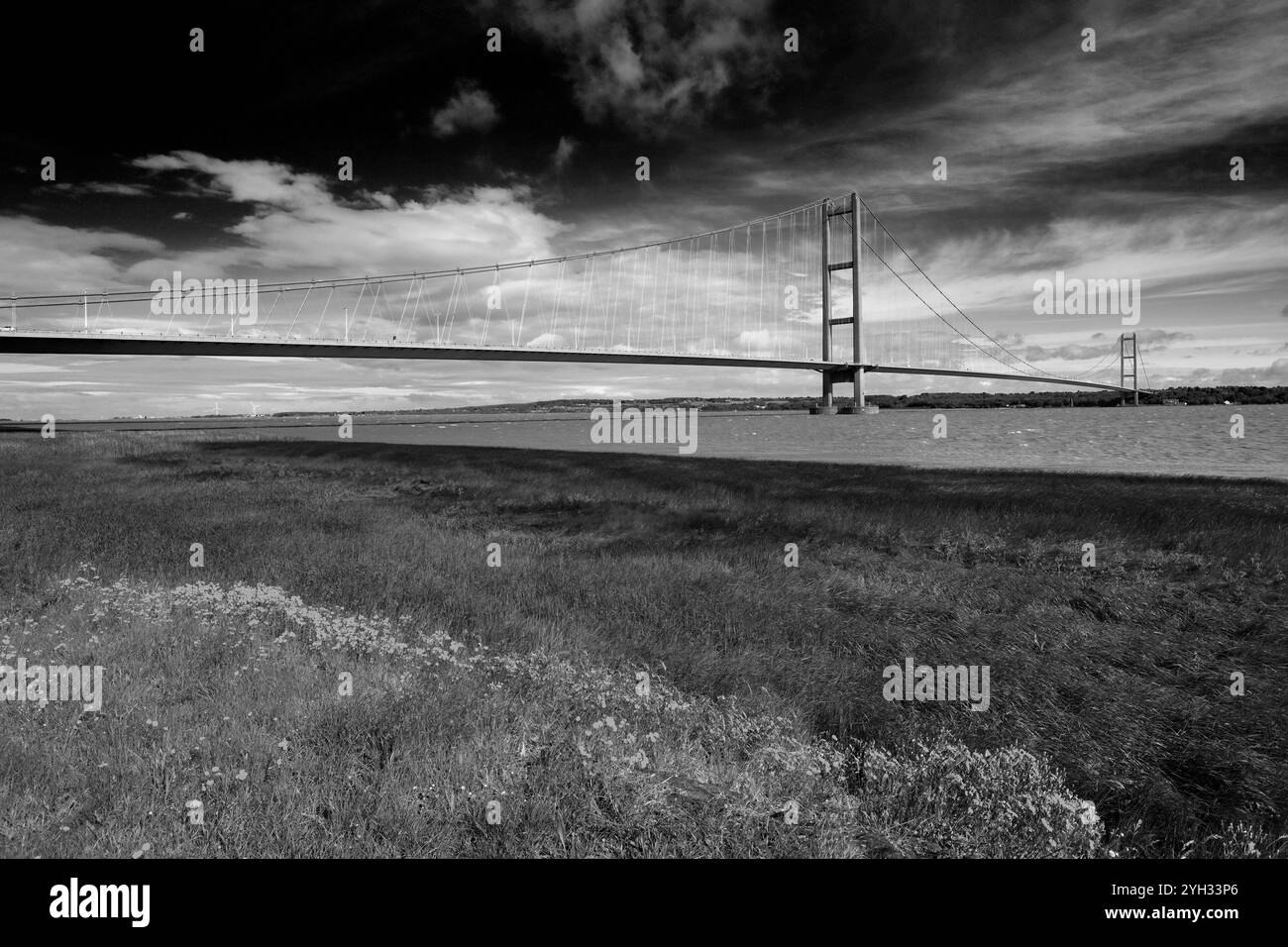 Vista estiva sul ponte Humber dal villaggio di Barton-upon-Humber; East Riding of Yorkshire, Inghilterra; Regno Unito Foto Stock