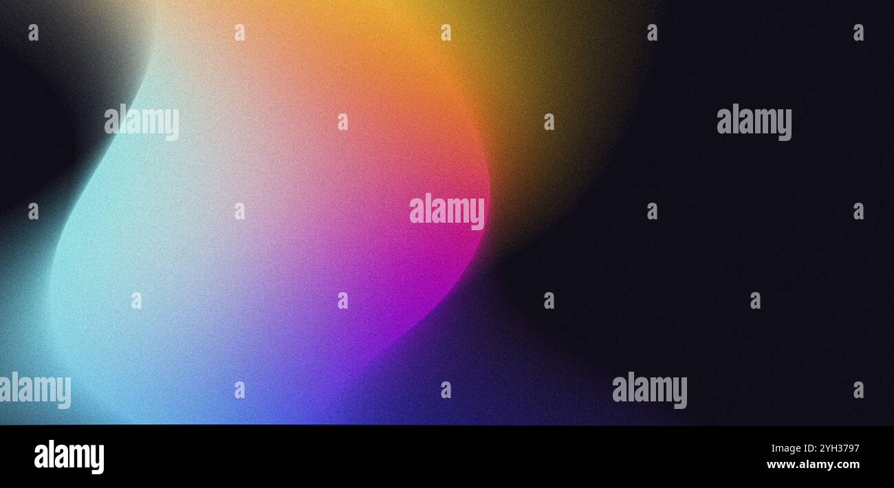 Colore brillante sfumatura granulosa su sfondo scuro, arancione blu rosa viola blu nero poster design astratto luce brillante forma rumore texture copia spa Foto Stock