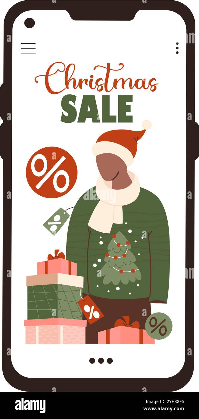 Saldi di Natale. Shopping online. Capodanno Mannequin in cappello di Babbo Natale, brutto maglione di Natale con albero, cartellini e scatole regalo sullo schermo del telefono. Illustrazione vettoriale Illustrazione Vettoriale