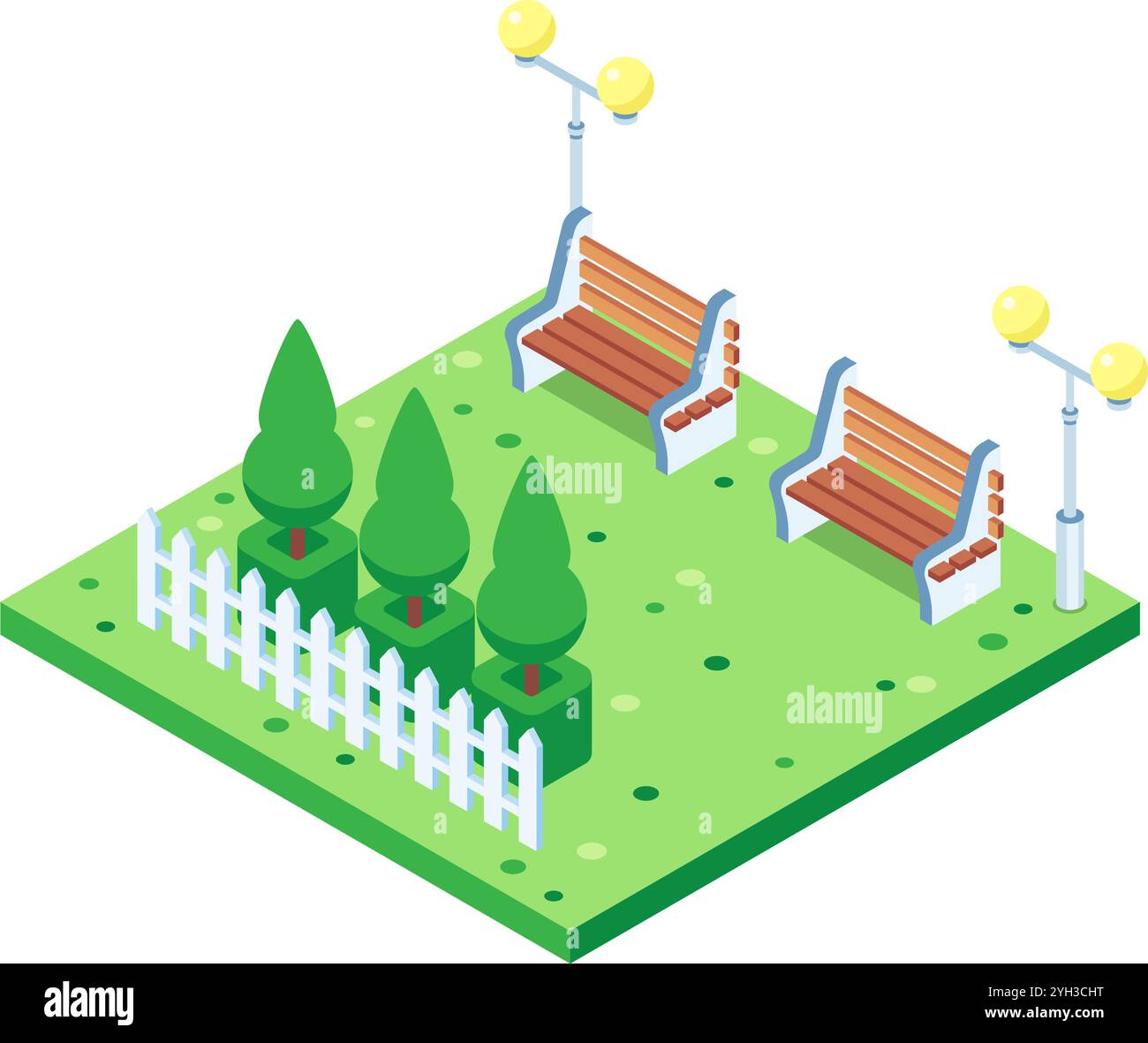 Icona isometrica verde del parco cittadino che mostra due panchine, alberi circondati da recinzioni bianche e lampioni che illuminano l'area ricreativa Illustrazione Vettoriale