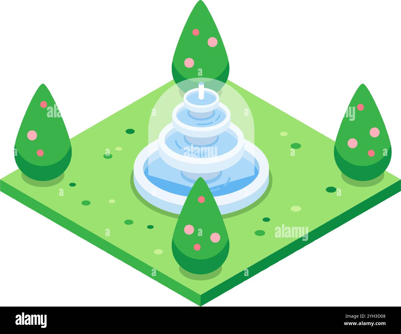 Tranquilla fontana del parco con acqua a cascata, circondata da alberi verdi e fiori rosa, perfetta per concetti di pianificazione urbana Illustrazione Vettoriale