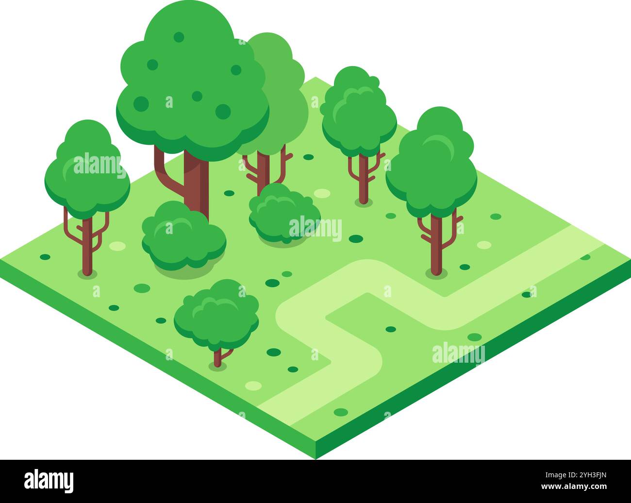La vibrante vista isometrica cattura un percorso tortuoso che si snoda attraverso un lussureggiante parco verde, punteggiato di alberi e cespugli di varie dimensioni, creando un ambiente sereno Illustrazione Vettoriale