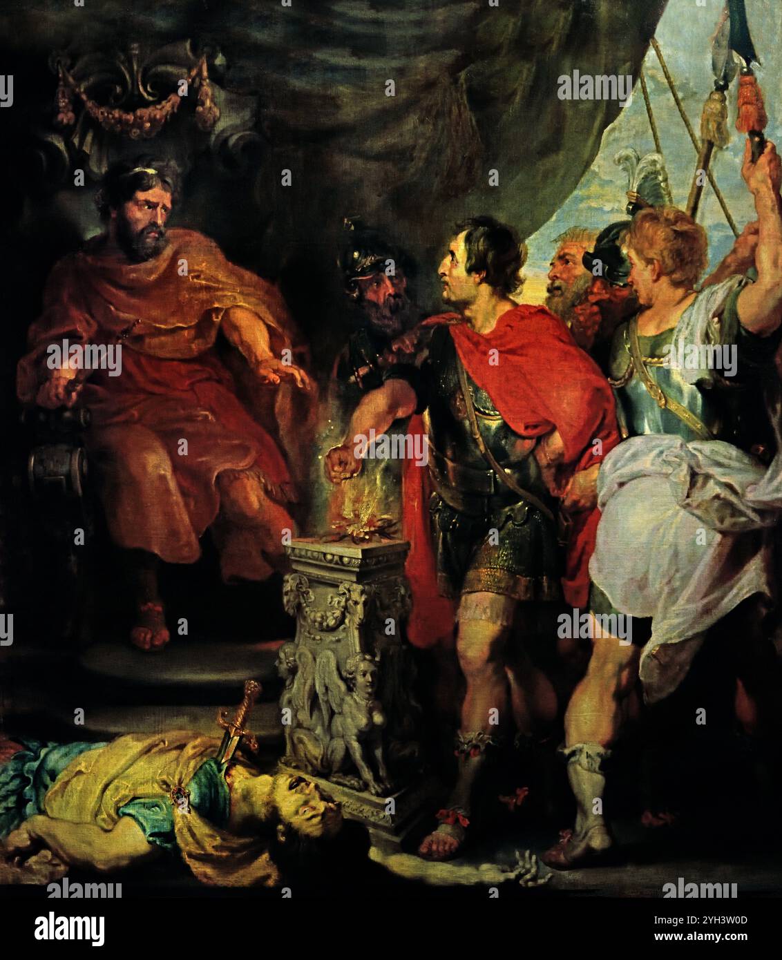 Mucio Scaevola prima di Lars Porsenna 1618-1620 di Anthony Antoon Anton van Dyck 1599-1641 e Peter Paul Rubens.(1577-1640). v ( Museo di Belle Arti di Budapest ) il coraggio di Mucio Scaevola davanti a Lars Porsenna dopo il fallito tentativo del primo di assassinare il secondo. Foto Stock