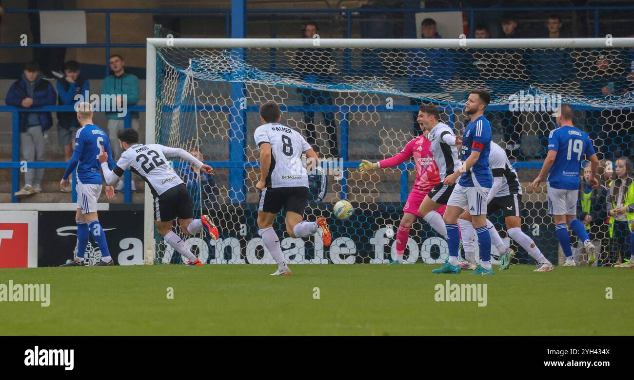 Mourneview Park, Lurgan, Contea di Armagh, Irlanda del Nord, Regno Unito. 9 novembre 2024. Sports Direct Premiership - Glenavon V Glentoran. Azione della partita di oggi al Mourneview Park (Glenavon in blu). Danny Amos (22 anni) spara Gletoran in una lead del 1-0 e festeggia. Crediti: CAZIMB/Alamy Live News. Foto Stock