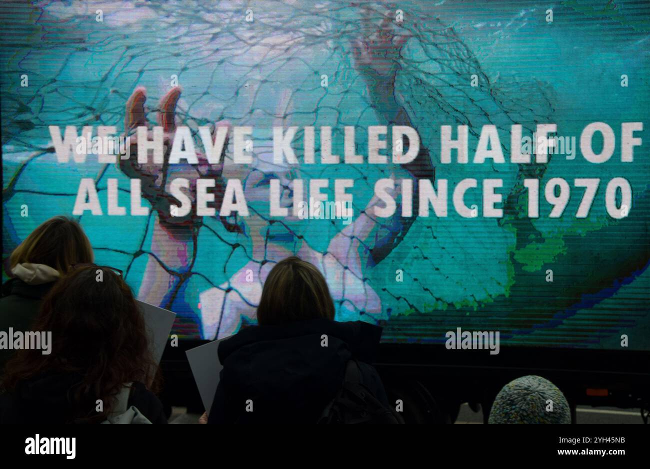 Londra, Regno Unito. 9 novembre 2024. Un ad-van mostra un breve film documentario mentre i manifestanti si riuniscono fuori dal Parlamento a Westminster a sostegno del fondatore e attivista anti-baleniera di Sea Shepherd Paul Watson. Watson, cittadino statunitense e canadese, è stato arrestato in Groenlandia e sta affrontando l'accusa in Giappone di complice di aggressione e di violazione delle navi, che lo hanno visto ottenere una condanna a 15 anni di carcere. Crediti: Vuk Valcic/Alamy Live News Foto Stock